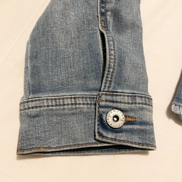 Jeaniologie Altered Jean Denim Jacket Dont Talk to Strangers Patch Sz Large - Picture 5 of 16